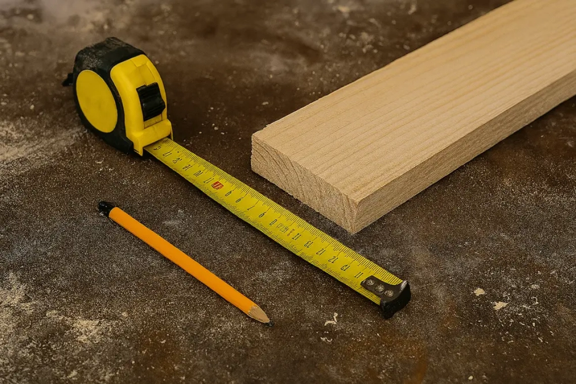 Afgezaagde houten plank op een stoffige werkbank met een geel meetlint en een potlood, als visuele metafoor voor klusfrustratie en verkeerd meten